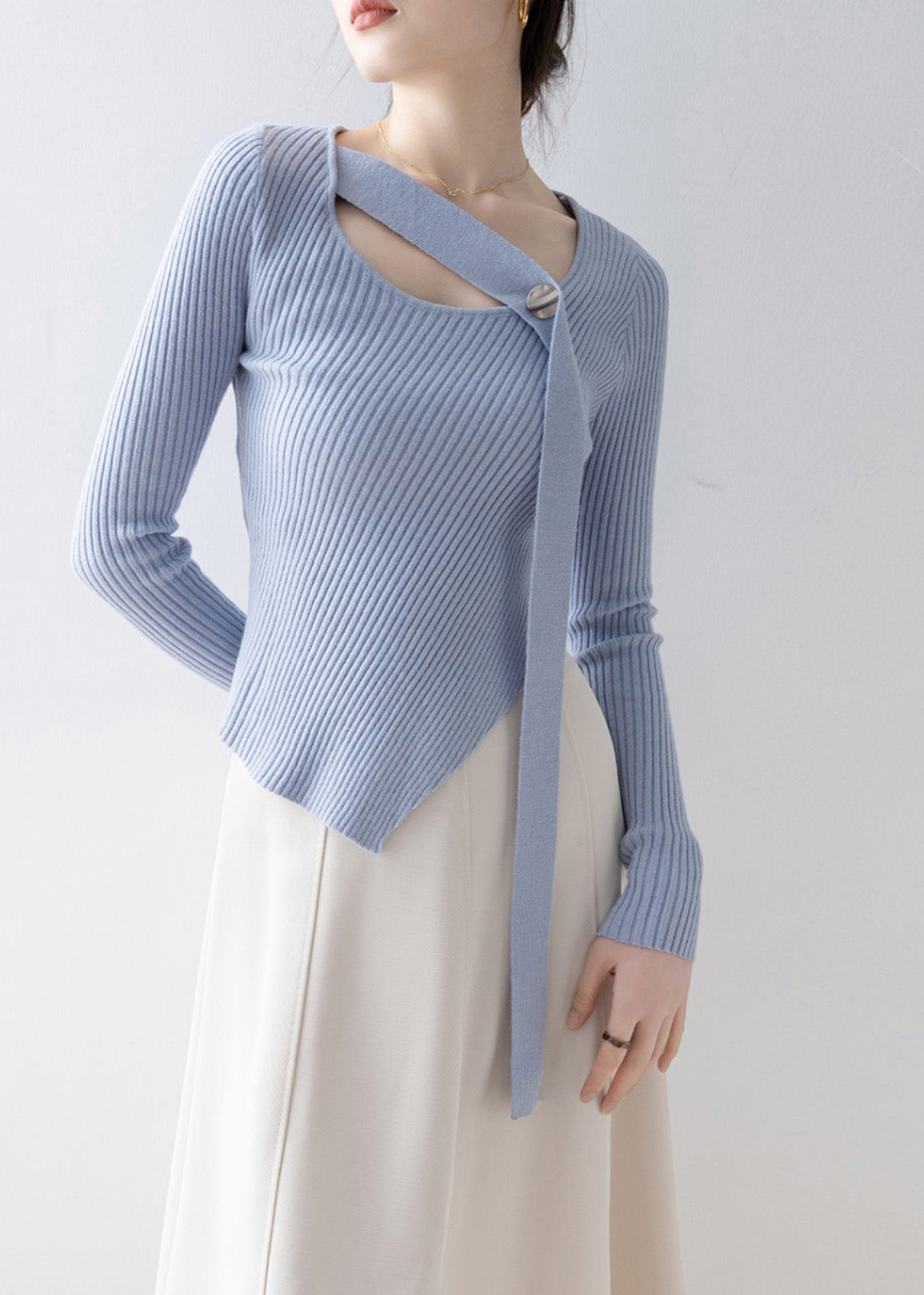 French Blue O Neck Asymmetrical Design Knit Sweaters Spring
