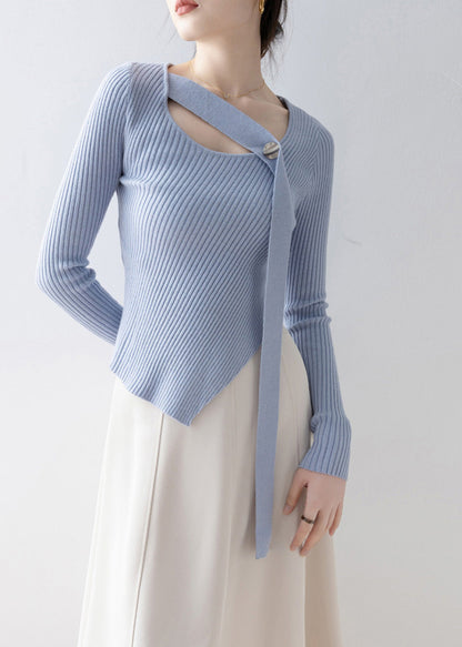 French Blue O Neck Asymmetrical Design Knit Sweaters Spring