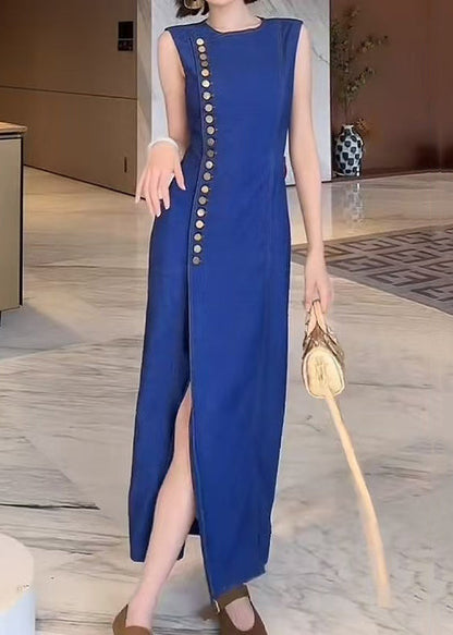 French Blue O Neck Button Front Open Denim Long Dresses Sleeveless