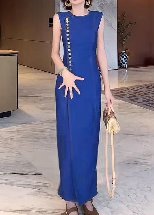 French Blue O Neck Button Front Open Denim Long Dresses Sleeveless