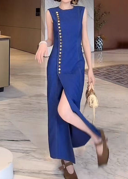 French Blue O Neck Button Front Open Denim Long Dresses Sleeveless