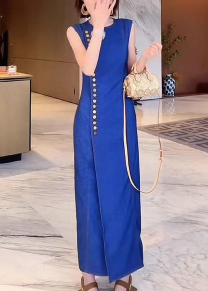 French Blue O Neck Button Front Open Denim Long Dresses Sleeveless