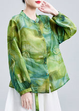Load image into Gallery viewer, French Blue O Neck Button Print Linen Blouse Long Sleeve