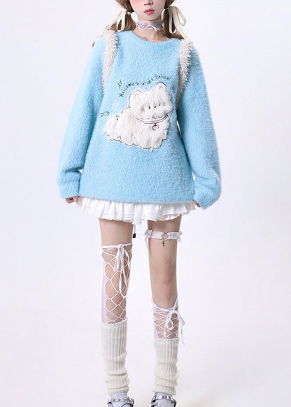 French Blue O Neck Cartoon Ma Hai Mao Knit Sweaters Spring