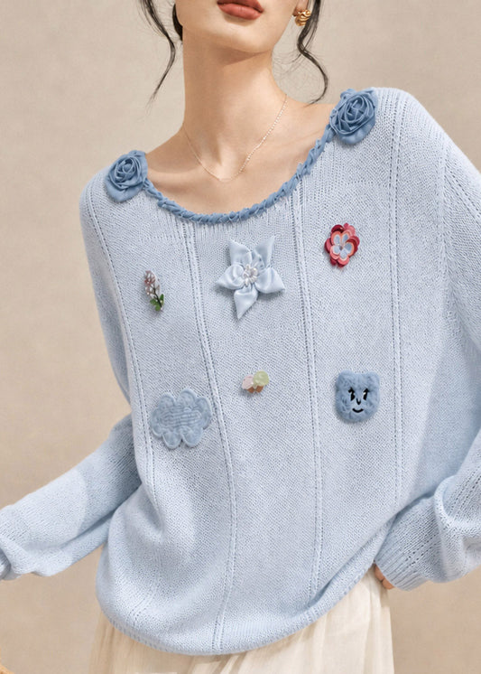 French Blue O-Neck Floral Cotton Knit Sweaters Fall