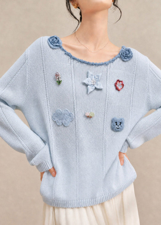 French Blue O-Neck Floral Cotton Knit Sweaters Fall