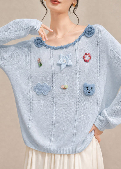 French Blue O-Neck Floral Cotton Knit Sweaters Fall