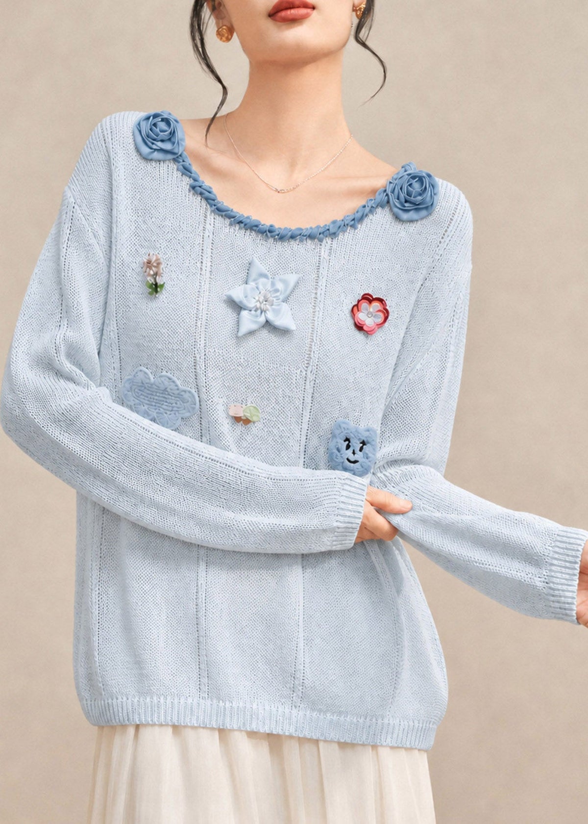 French Blue O-Neck Floral Cotton Knit Sweaters Fall