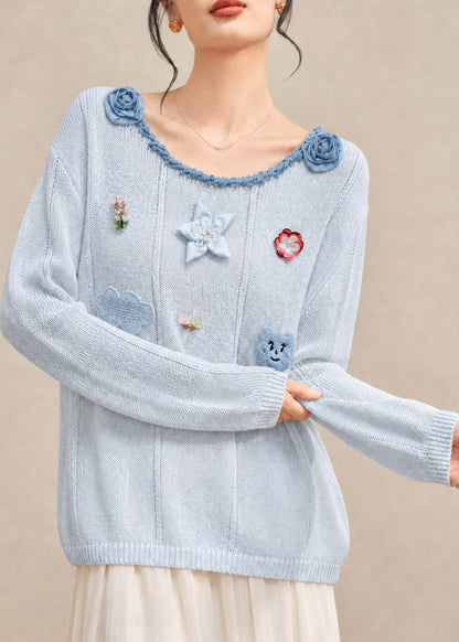 French Blue O-Neck Floral Cotton Knit Sweaters Fall