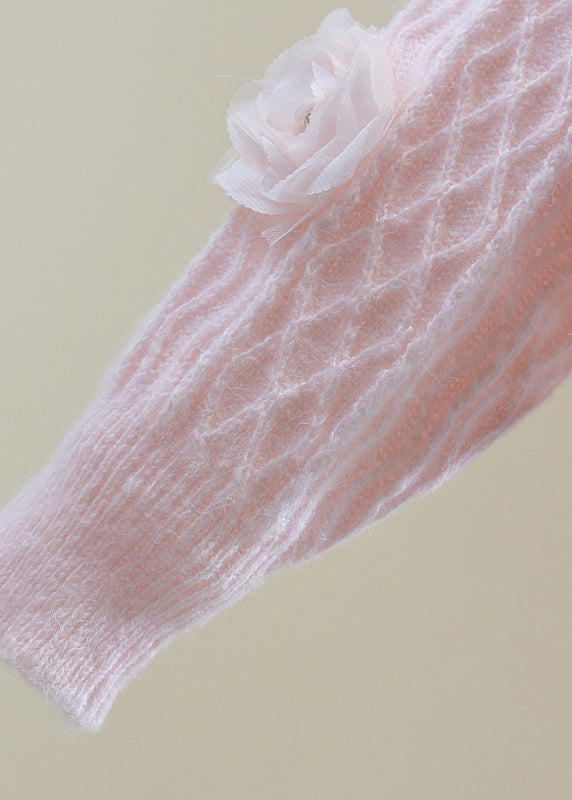 French Blue O-Neck Floral Zircon Cotton Knit Sweater Winter