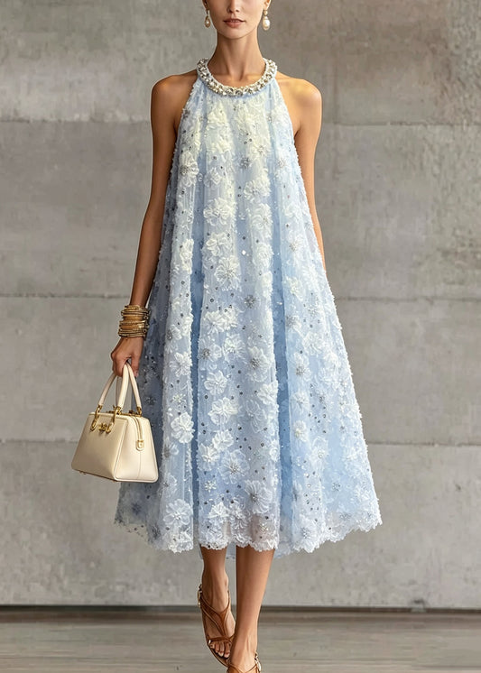 French Blue O Neck Floral Zircon Tulle Dress Sleeveless