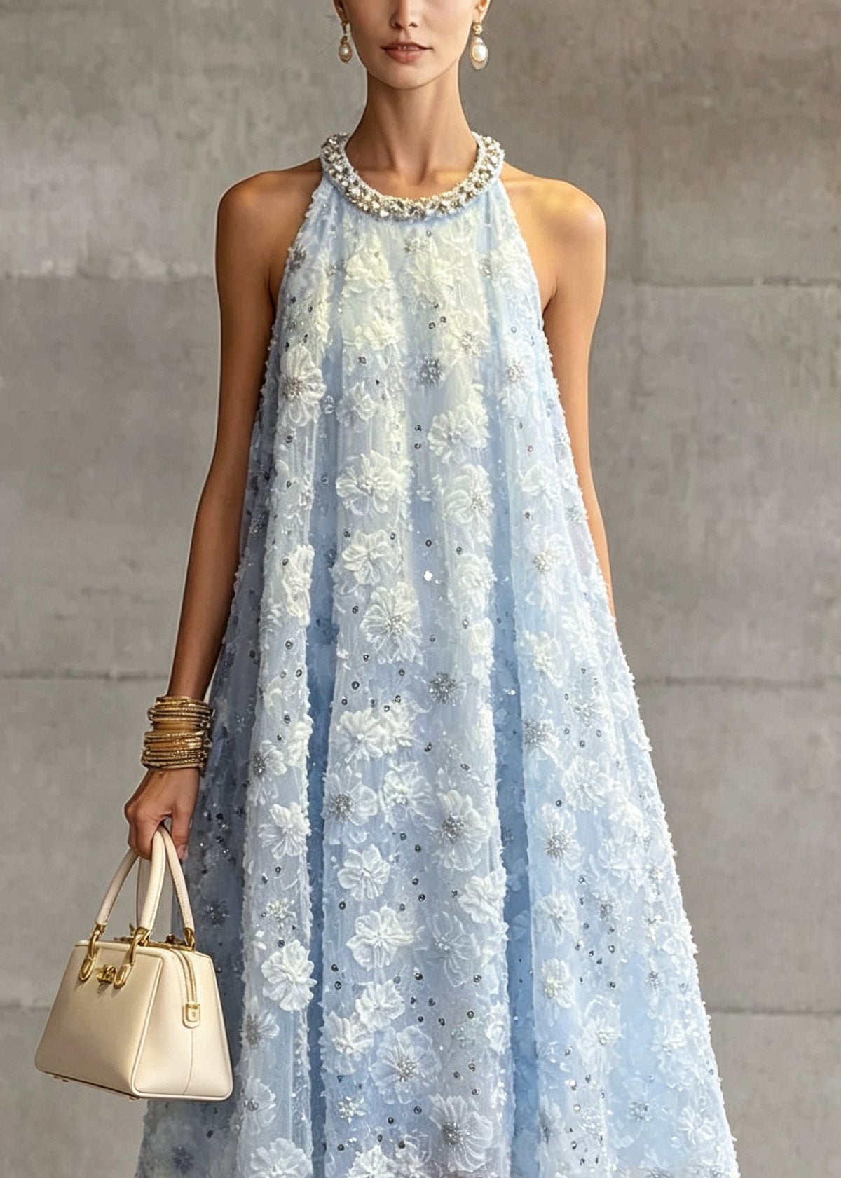 French Blue O Neck Floral Zircon Tulle Dress Sleeveless