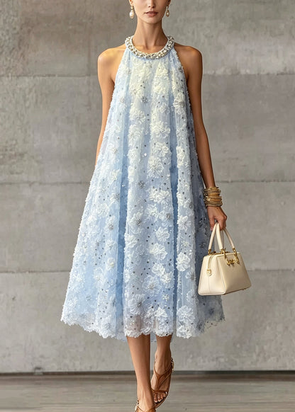 French Blue O Neck Floral Zircon Tulle Dress Sleeveless