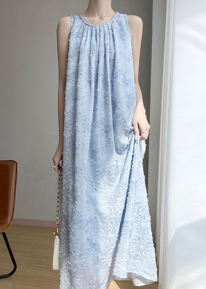 French Blue O Neck Original Design Cotton Long Dress Sleeveless