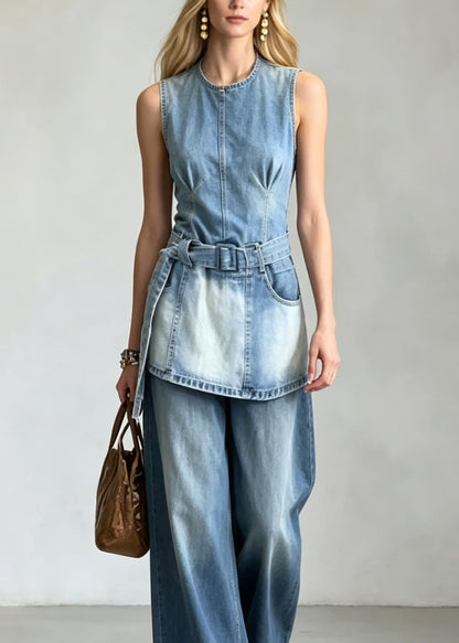 French Blue O-Neck Pockets Denim Sets 2 Pieces Sleeveless
