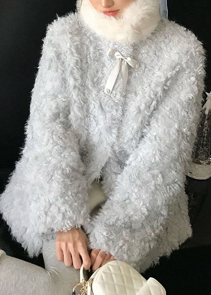 French Blue O-Neck Pockets Faux Fur Coat Long Sleeve