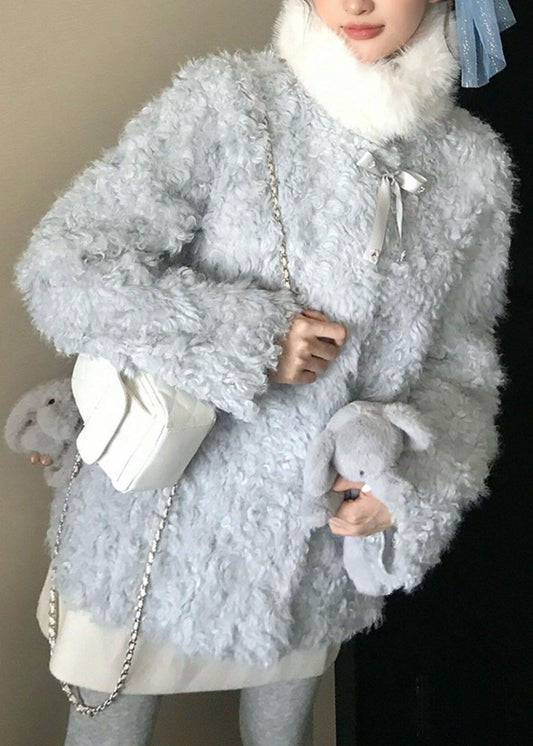 French Blue O-Neck Pockets Faux Fur Coat Long Sleeve