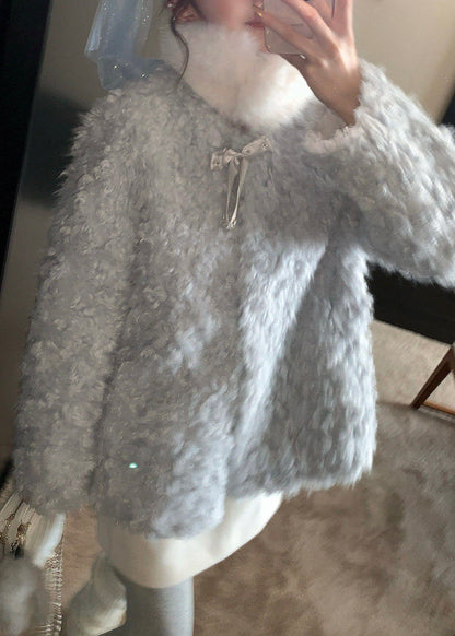 French Blue O-Neck Pockets Faux Fur Coat Long Sleeve