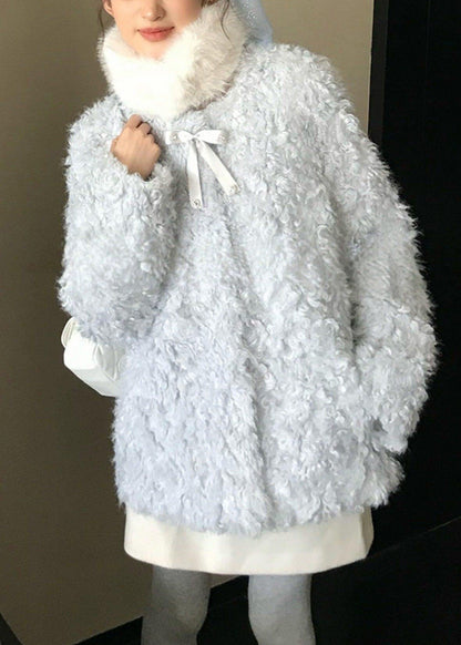 French Blue O-Neck Pockets Faux Fur Coat Long Sleeve