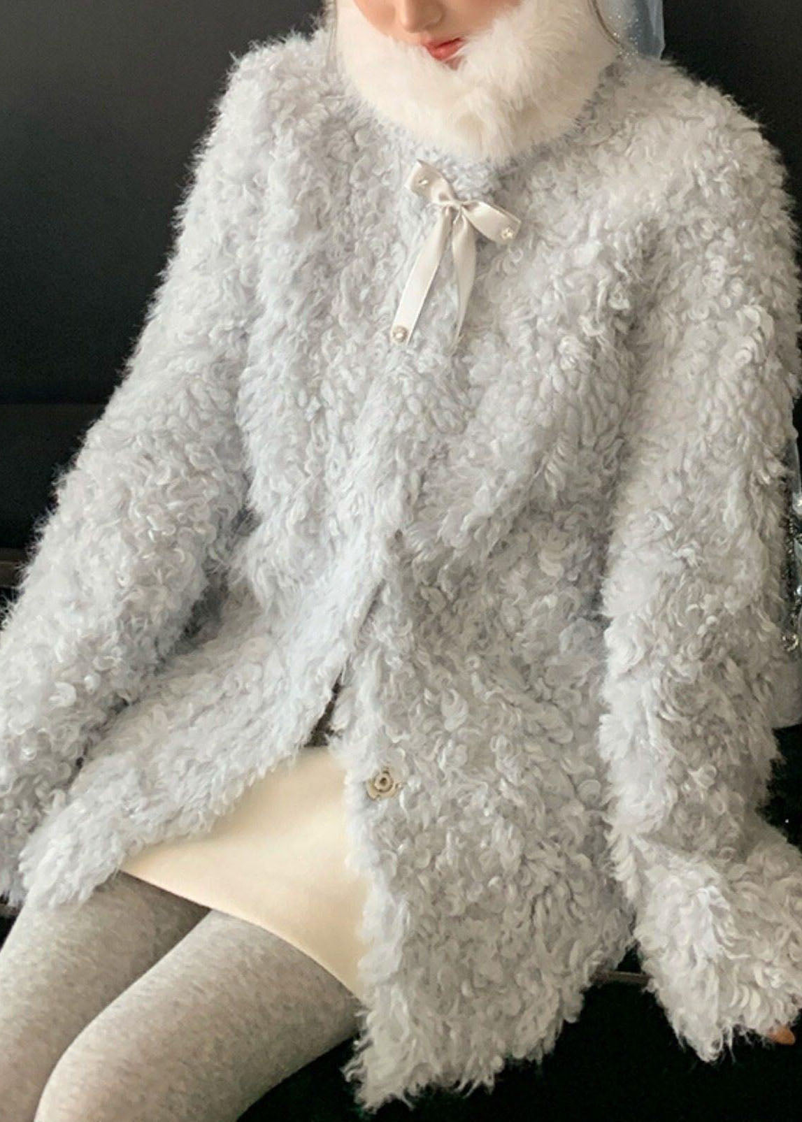 French Blue O-Neck Pockets Faux Fur Coat Long Sleeve
