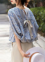 French Orange O Neck Print Lace Up Cotton Tops Batwing Sleeve