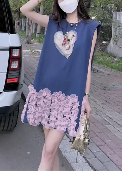 French Blue O Neck Tulle Patchwork Cotton Mid Dress Sleeveless