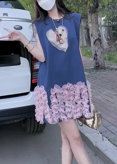 French Blue O Neck Tulle Patchwork Cotton Mid Dress Sleeveless