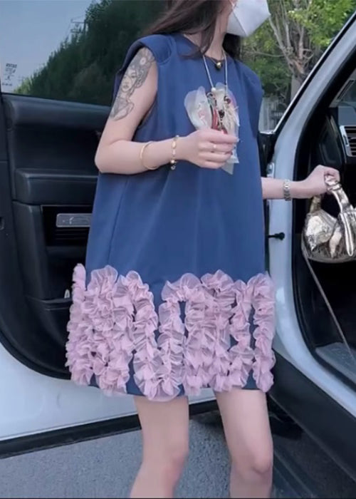 French Blue O Neck Tulle Patchwork Cotton Mid Dress Sleeveless