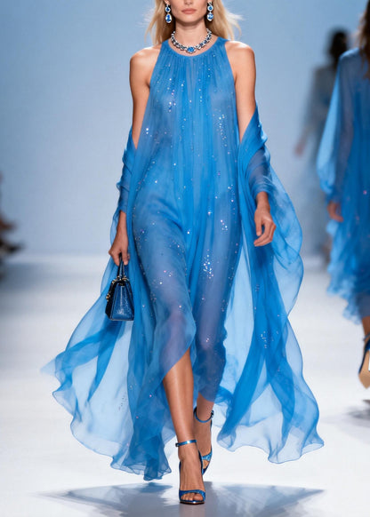 French Blue O Neck Zircon Patchwork Chiffon Dress Summer