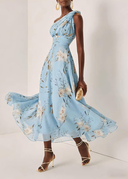 French Blue One Shoulder Wrinkled Print Long Dress Summer