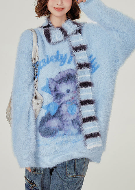 French Blue Oversized Cute Cat Faux Mink Hair Knitted Sweaters Winter