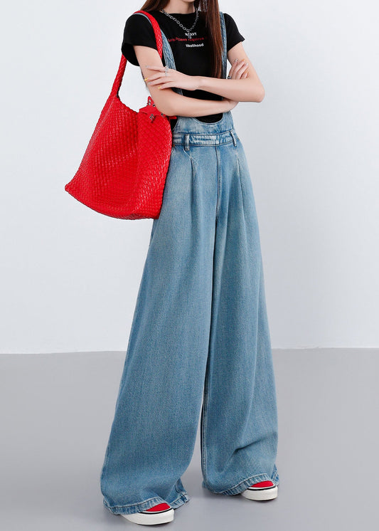 French Blue Oversized Denim Wide Leg Pant Jumpsuit Spring