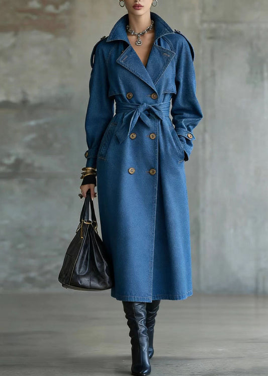 French Blue Oversized Double Breast Denim Trench Coats Spring