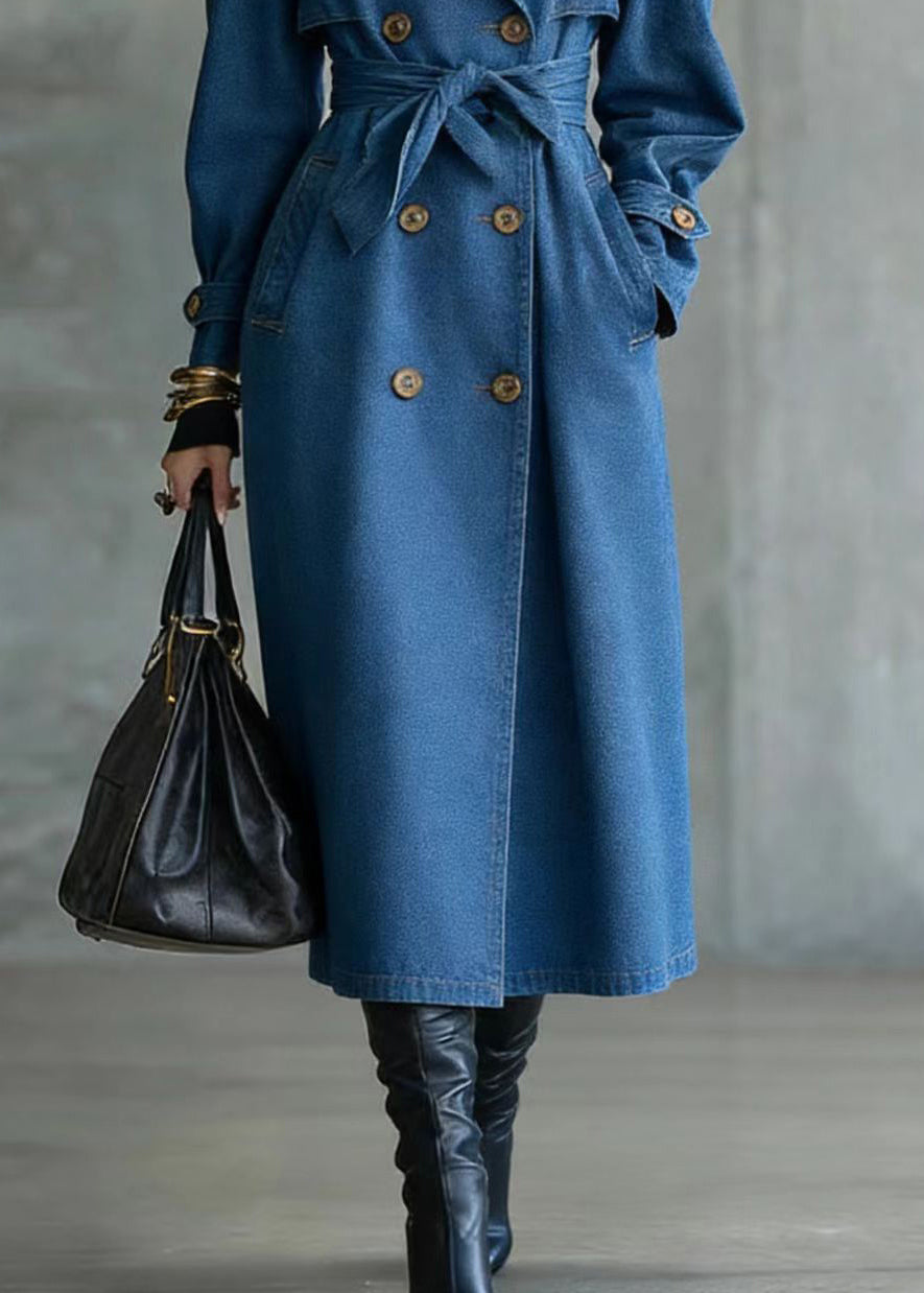 French Blue Oversized Double Breast Denim Trench Coats Spring
