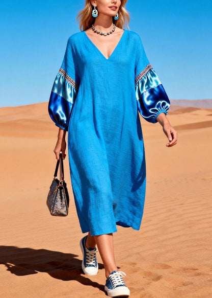 French Blue Oversized Patchwork Cotton Dresses Lantern Sleeve