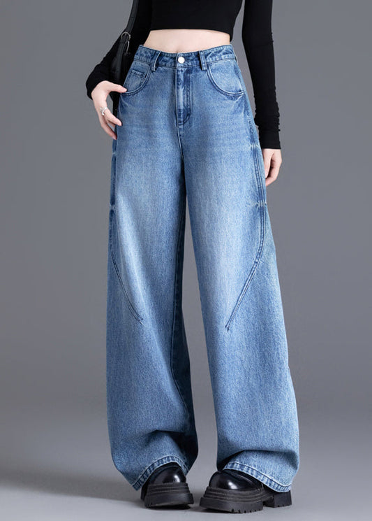 French Blue Oversized Pockets Denim Straight Pants Spring