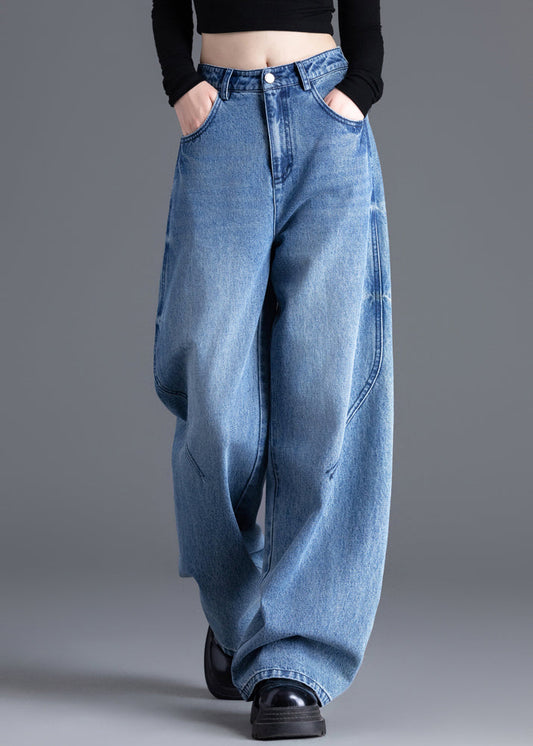 French Blue Oversized Pockets Denim Straight Pants Spring