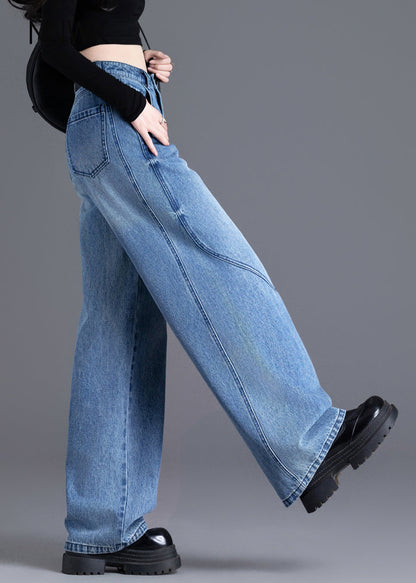 French Blue Oversized Pockets Denim Straight Pants Spring