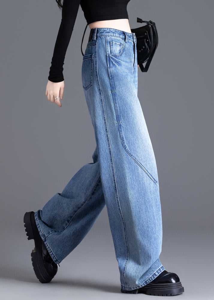 French Blue Oversized Pockets Denim Straight Pants Spring