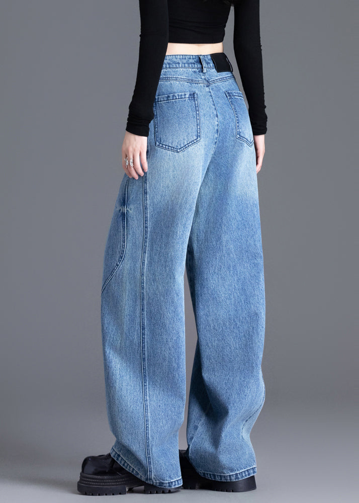 French Blue Oversized Pockets Denim Straight Pants Spring
