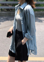 French Blue Peter Pan Collar Lace Up Silk Shirt Spring