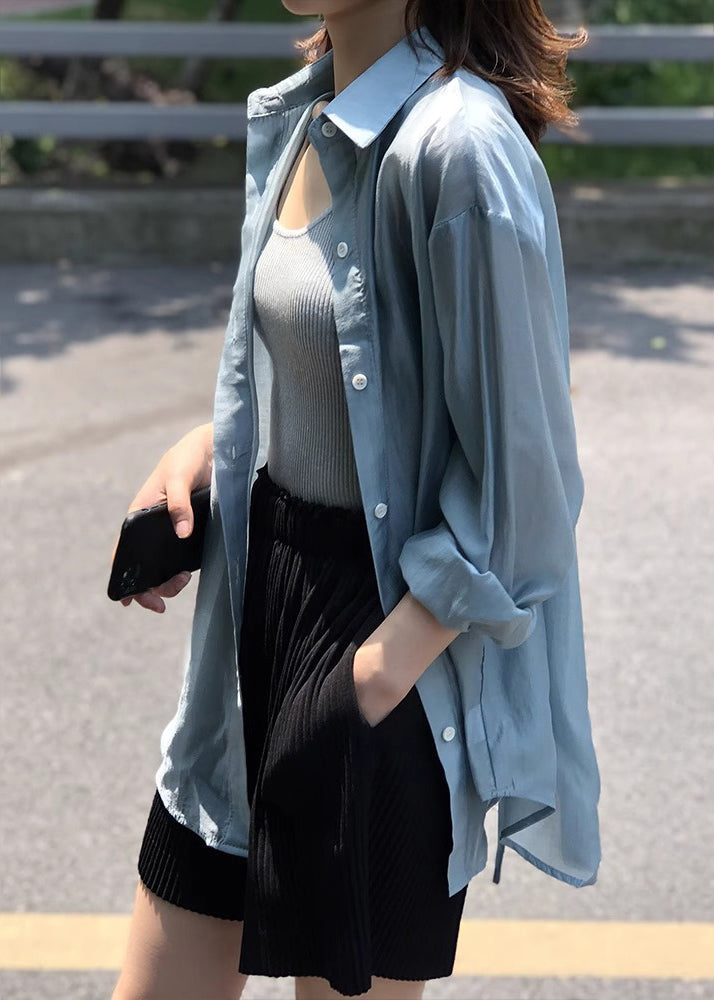 French Blue Peter Pan Collar Lace Up Silk Shirt Spring