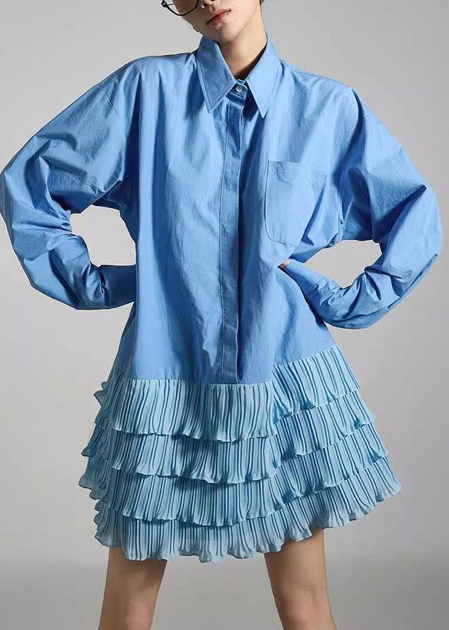 French Blue Peter Pan Collar Wrinkled Patchwork Cotton Mid Dress Spring