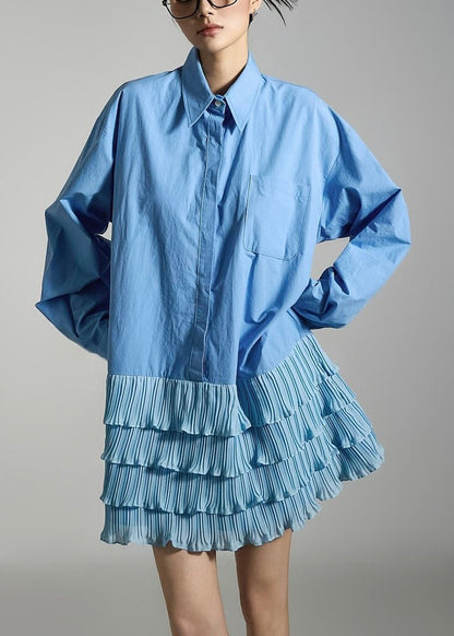 French Blue Peter Pan Collar Wrinkled Patchwork Cotton Mid Dress Spring