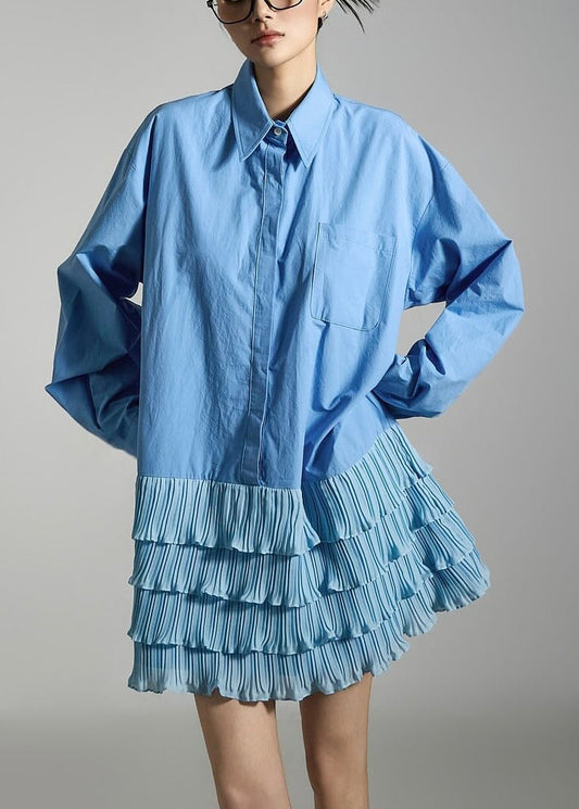 French Blue Peter Pan Collar Wrinkled Patchwork Cotton Mid Dress Spring