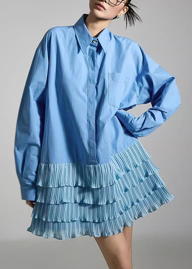 French Blue Peter Pan Collar Wrinkled Patchwork Cotton Mid Dress Spring