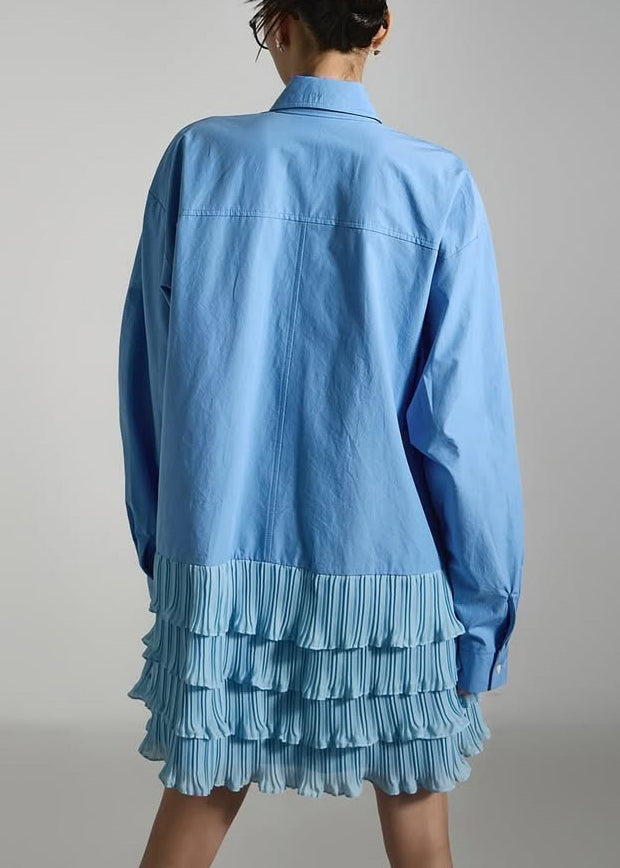 French Blue Peter Pan Collar Wrinkled Patchwork Cotton Mid Dress Spring