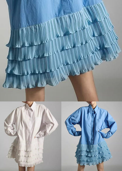 French Blue Peter Pan Collar Wrinkled Patchwork Cotton Mid Dress Spring