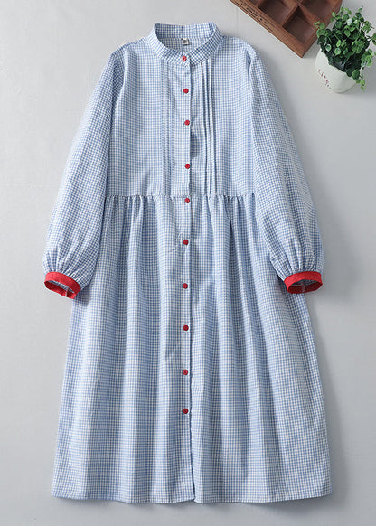 French Blue Plaid Button Cotton Shirts Dress Spring