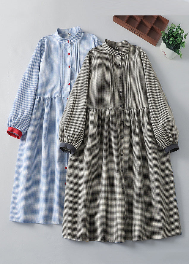 French Blue Plaid Button Cotton Shirts Dress Spring